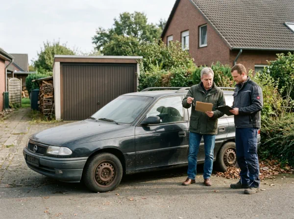 Angehöriger übergibt Fahrzeugpapiere und Schlüssel für die Entsorgung eines Altfahrzeugs aus einem Nachlass