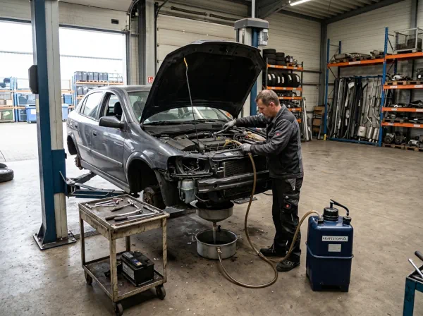 Altfahrzeug wird in einem Demontagebetrieb trockengelegt und für die weitere Verwertung zerlegt
