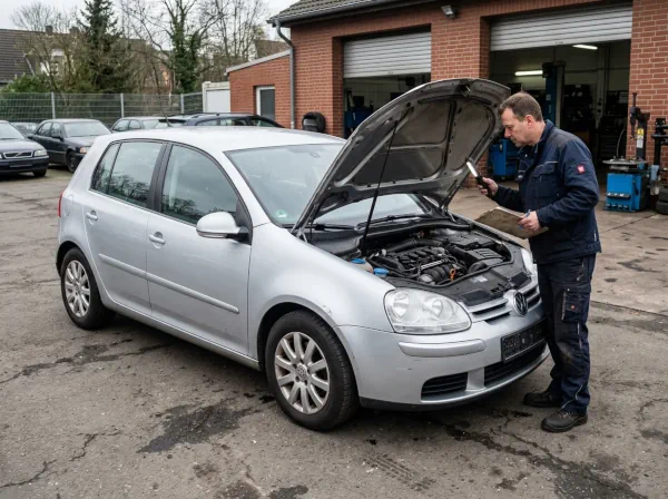 Älteres Auto mit Motorschaden wird auf seinen verbleibenden Restwert und verwertbare Bauteile geprüft
