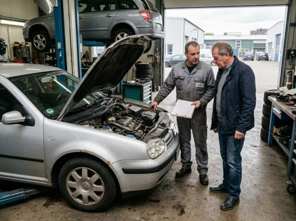 Mechaniker und Fahrzeughalter prüfen ein älteres Auto vor der Entscheidung über Reparatur oder Verschrottung