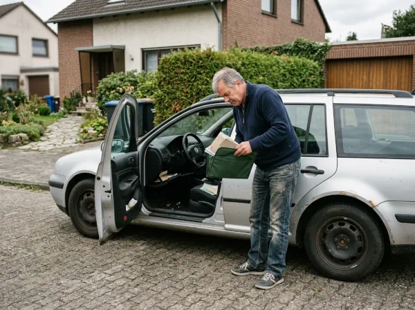 Fahrzeughalter sucht bei einem älteren Auto nach nicht mehr auffindbaren Fahrzeugpapieren