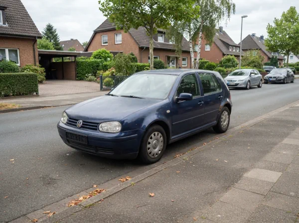 Autoentsorgung Waltrop: Abgemeldetes Schrottauto ohne Kennzeichen steht in einer Wohnstraße zur Abholung bereit