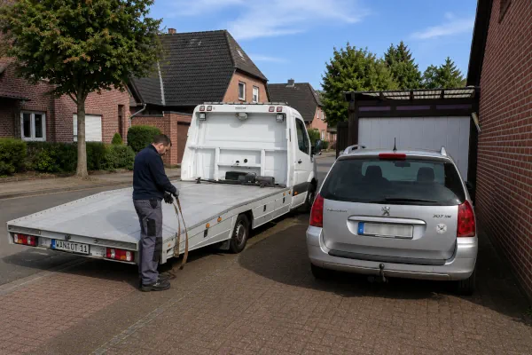 Autoentsorgung Oer-Erkenschwick: Schrottauto wird vor einem Wohnhaus für die Abholung mit dem Autotransporter vorbereitet