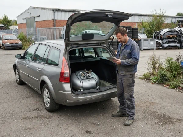 Älterer Wagen mit sichtbarem LPG-Tank wird vor der fachgerechten Fahrzeugverwertung begutachtet