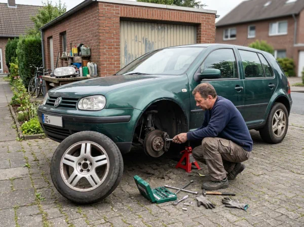 Fahrzeughalter baut vor der Verschrottung Teile aus einem älteren Auto aus