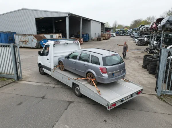 Autoverschrottung Marl: Verladenes Schrottauto wird mit dem Autotransporter auf einem Fahrzeugverwertungshof angeliefert