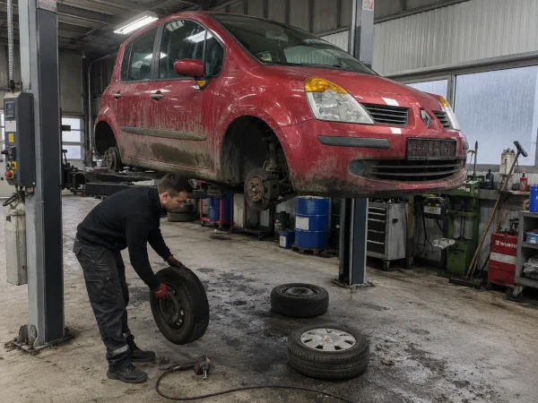 Autoverschrottung Sprockhövel: Mitarbeiter entfernt die Räder eines Schrottautos in einem Fahrzeugverwertungsbetrieb