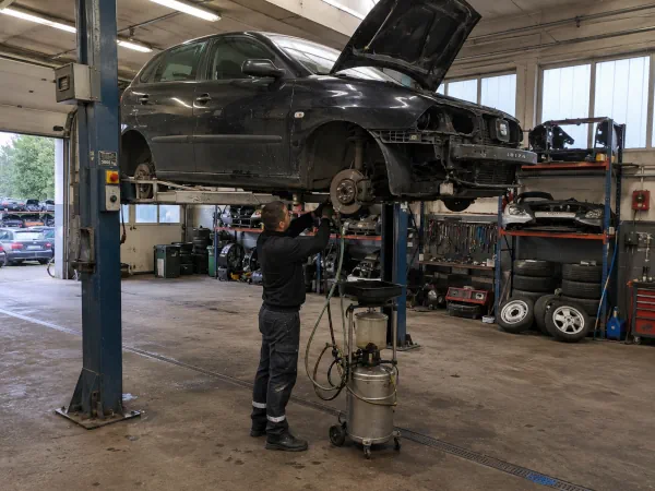 Autoverschrottung Wetter: Mitarbeiter führt die fachgerechte Trockenlegung eines Schrottautos im Fahrzeugverwertungsbetrieb durch