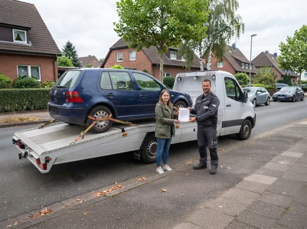 Autoverwertung Waltrop: Fahrzeughalterin erhält nach der Verladung ihres Schrottautos den Verwertungsnachweis vom Mitarbeiter