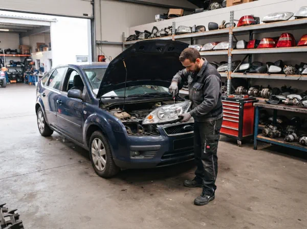 Mitarbeiter baut einen intakten Scheinwerfer aus einem Schrottauto aus