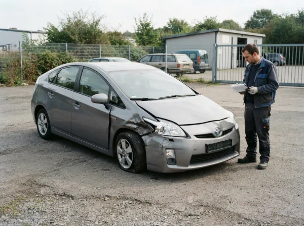 Älteres Hybridfahrzeug mit schwerem Unfallschaden vor der fachgerechten Verwertung