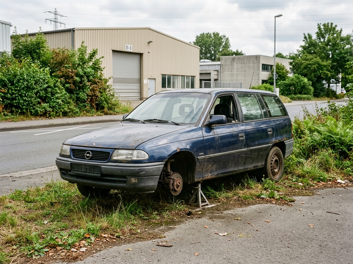 Teilweise ausgeschlachtetes Altfahrzeug illegal am Straßenrand abgestellt