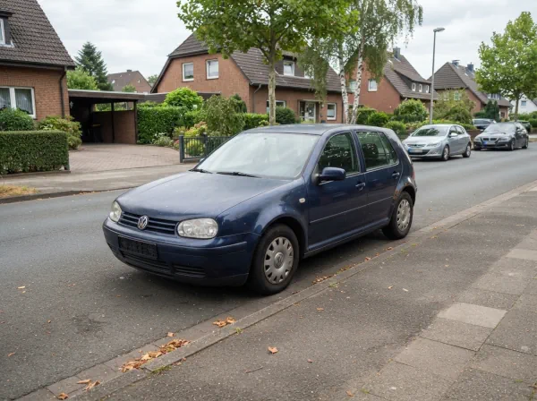 Abgemeldetes Schrottauto ohne Kennzeichen steht am Straßenrand einer Wohnsiedlung