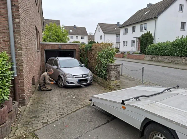 Defektes Schrottauto wird aus einer engen Garageneinfahrt für die Abholung vorbereitet