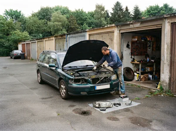 Hobby-Schrauber demontiert auf einem Garagenhof einzelne Teile eines Schrottautos