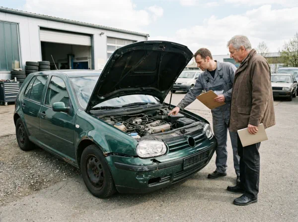 Fahrzeughalter und Fachmann prüfen den Zustand eines stark beschädigten Autos vor Verkauf oder Verwertung