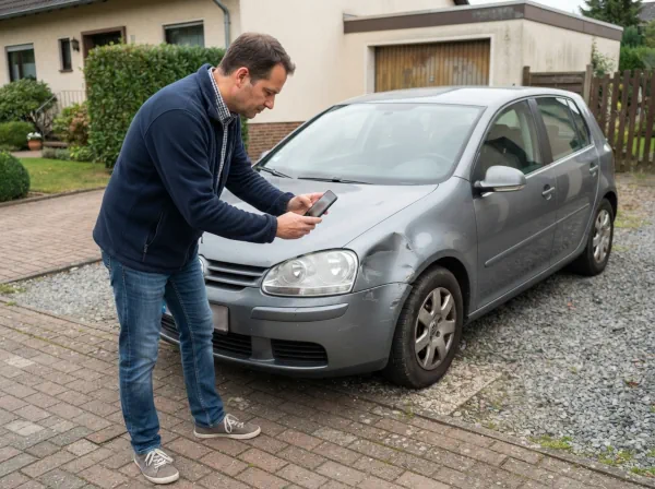 Fahrzeughalter fotografiert mit dem Smartphone den Zustand seines älteren Autos
