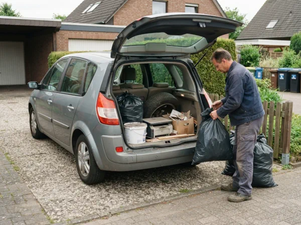Fahrzeughalter entfernt Hausmüll und andere fremde Gegenstände aus dem Kofferraum eines Schrottautos