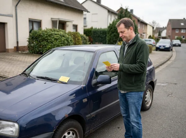 Fahrzeughalter betrachtet eine Ankaufkarte am Scheibenwischer seines Schrottautos