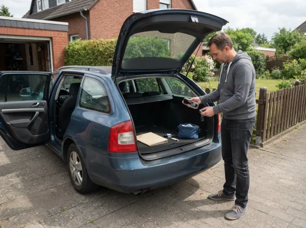 Fahrzeughalter kontrolliert vor der Abholung Kofferraum und Innenraum seines älteren Autos auf persönliche Gegenstände