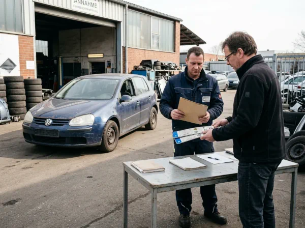 Fahrzeughalter übergibt Fahrzeugpapiere und Kennzeichen für die Abmeldung eines Schrottautos