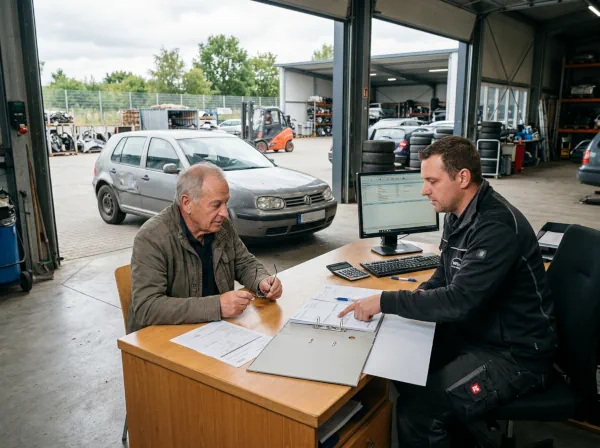 Fahrzeughalter bespricht die Fahrzeugübernahme mit einem Mitarbeiter eines Autoverwertungsbetriebs