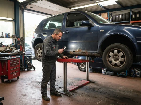 Mechaniker untersucht starke Korrosion an Schweller und Unterboden eines älteren Fahrzeugs auf einer Hebebühne