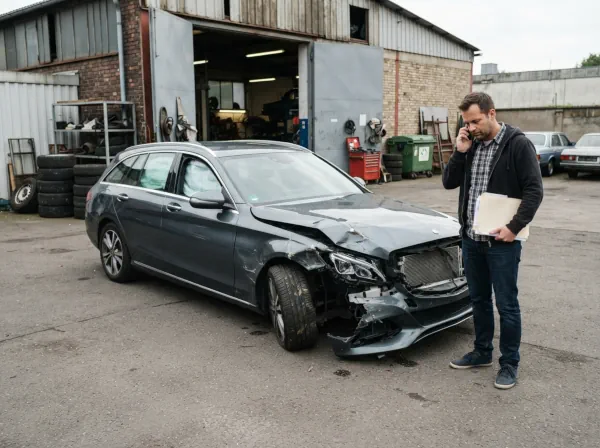 Schwer beschädigtes finanziertes Fahrzeug steht nach einem Unfall im Hinterhof einer Kfz-Werkstatt