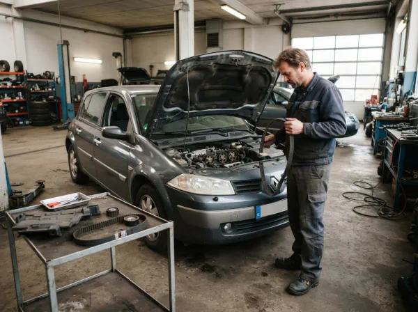 Mechaniker zeigt den gerissenen Zahnriemen eines älteren Wagens bei der Diagnose eines Motorschadens